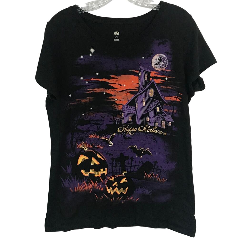 Halloween Tee Shirt Size 12 to 14 Womens Witchy Haunted Bats Jack O Lantern L